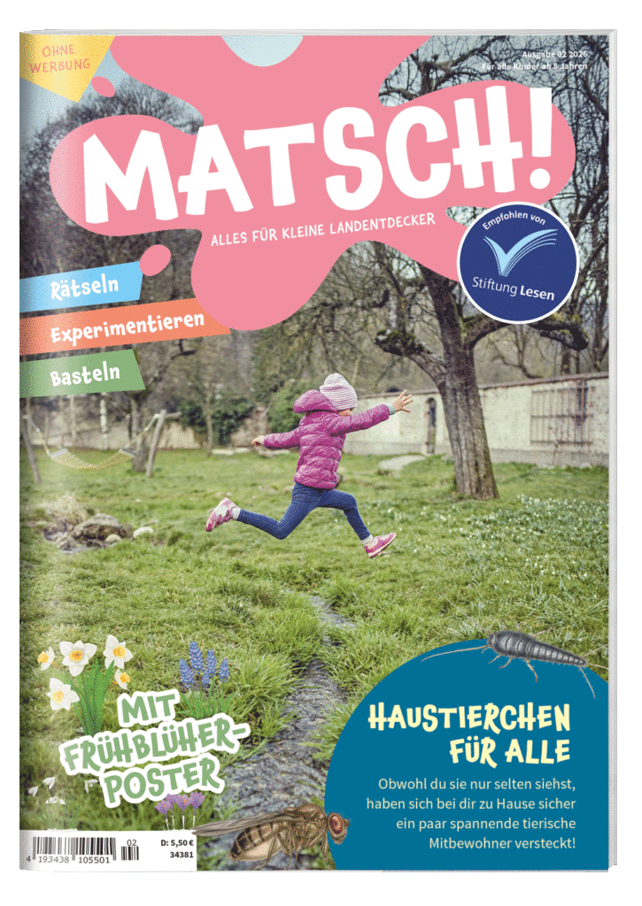 MATSCH! Kindermagazin Cover des Monats Februar, Kind springt über Wiese