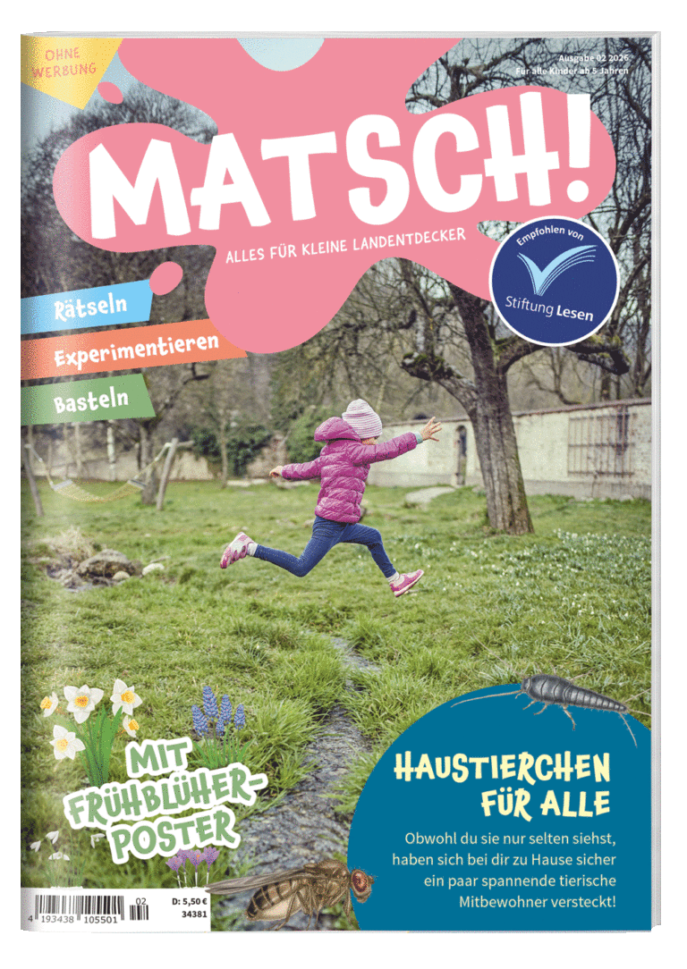 MATSCH! Kindermagazin Cover des Monats Februar, Kind springt über Wiese