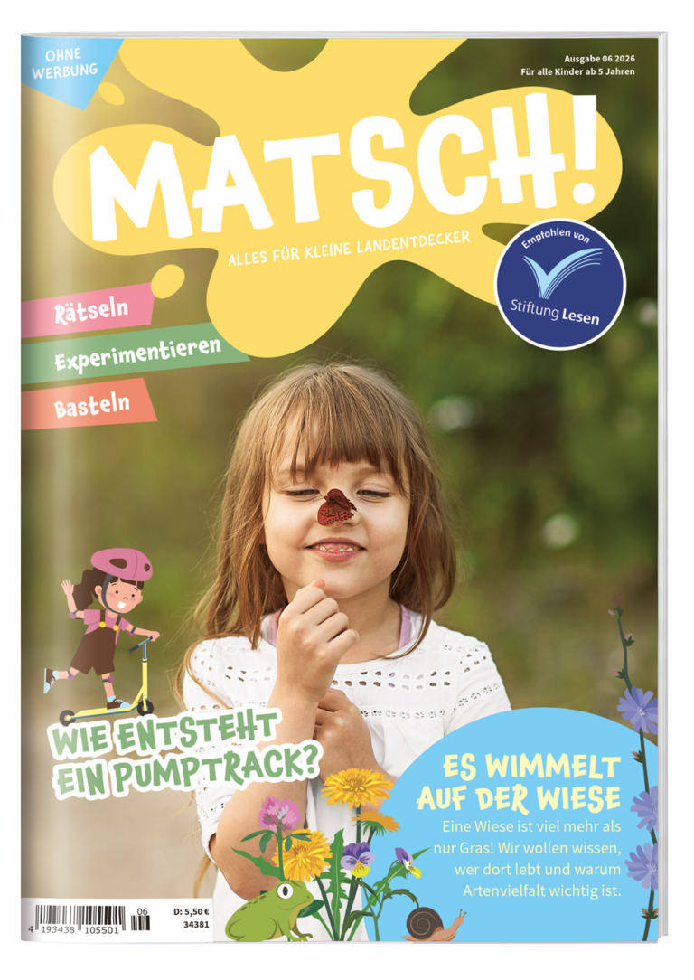 MATSCH! Kinderzeitschrift Titelbild Juni 2026 Mädchen mit Schmetterling