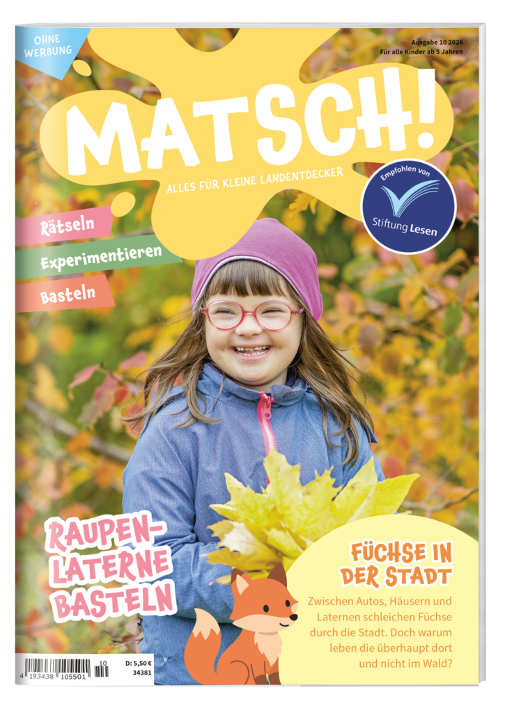 MATSCH! Kindermagazin Titelabbildung Oktober 2026 - Kind mit Brille und Herbstblättern