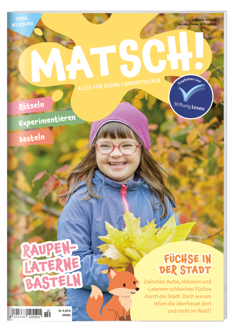 MATSCH! Kindermagazin Titelabbildung Oktober 2026 - Kind mit Brille und Herbstblättern